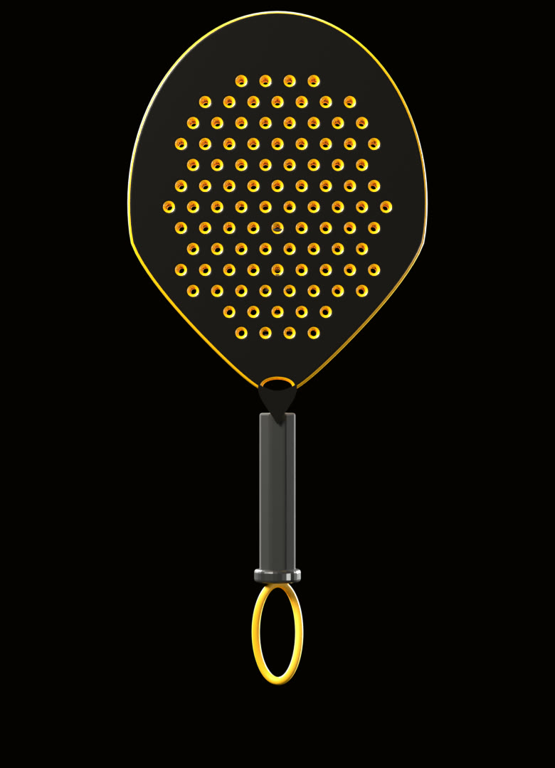 A padel racket face-on on black: a solid black face with rows of holes and no strings, a yellow frame, a black grip and a yellow wrist cord.