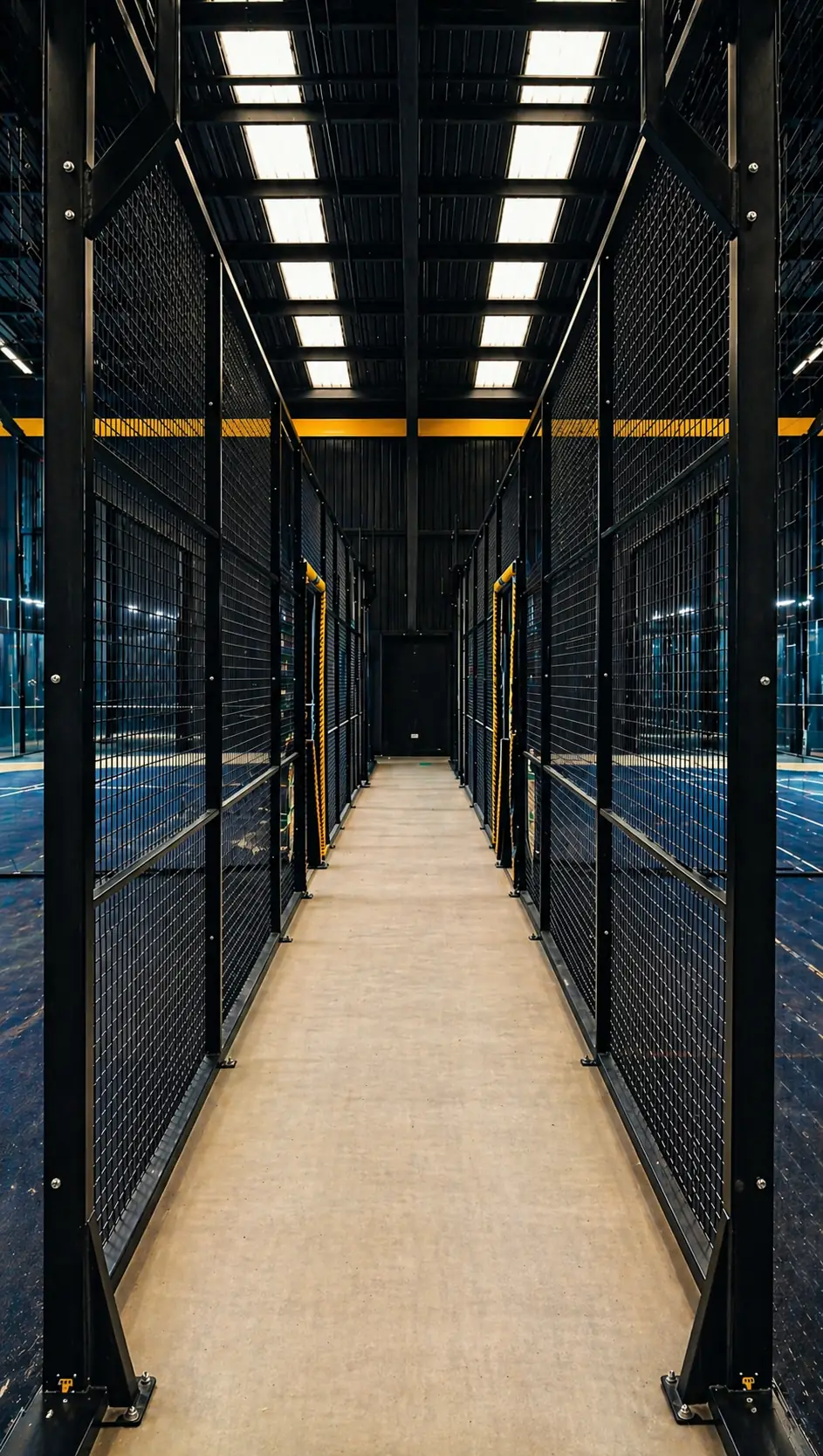 The corridor between the indoor courts at Pukka Padel Kidderminster, with glass and mesh on both sides.