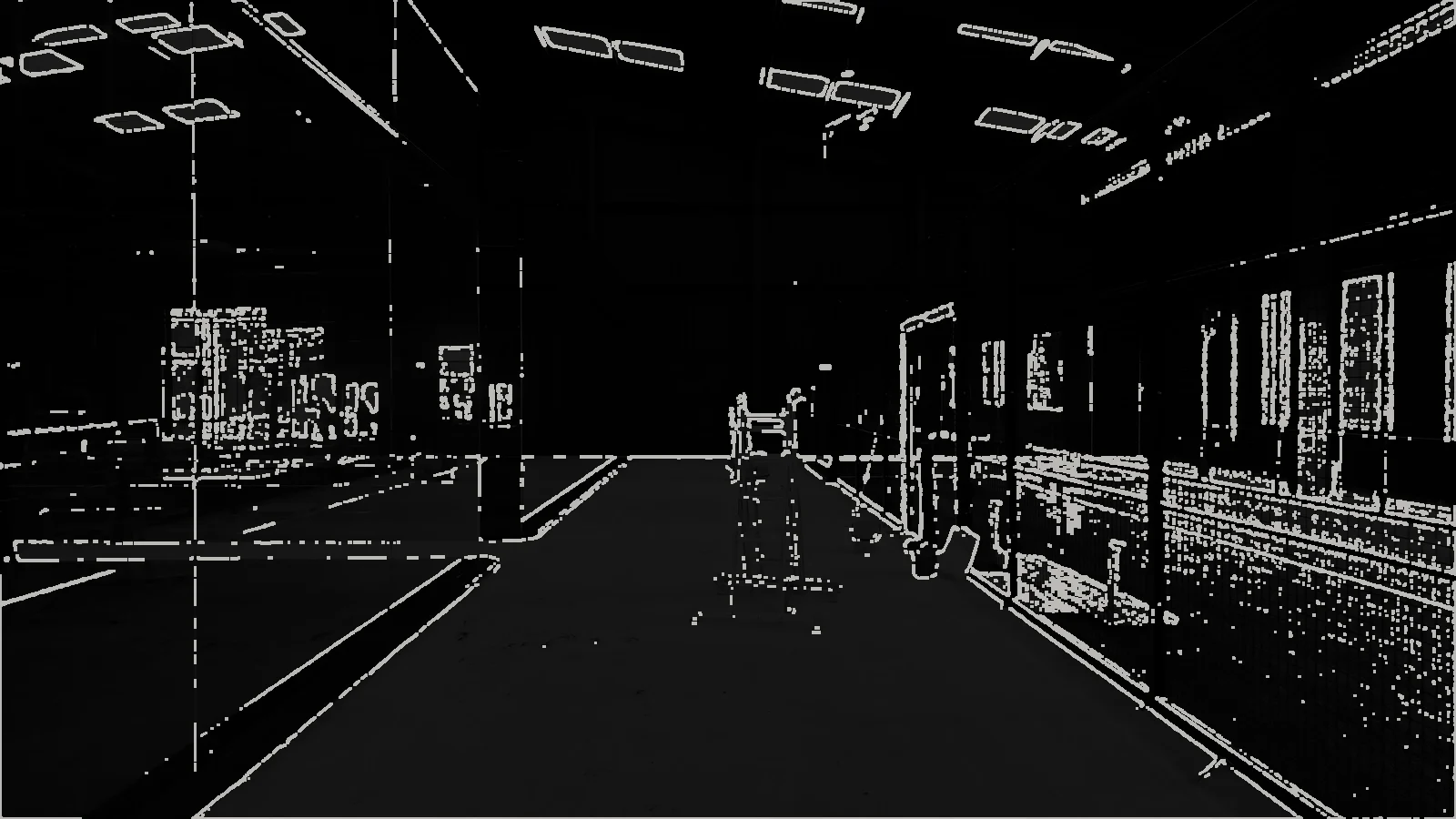 The frames and glass of an indoor padel court drawn in white lines over the dark unit.
