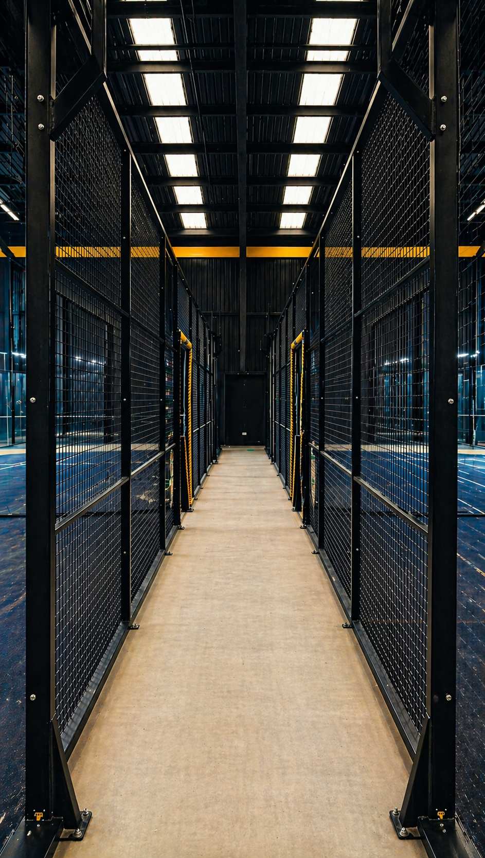 The corridor between indoor courts at Pukka Padel Kidderminster.